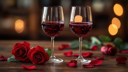 Romantic setting with wine and roses.