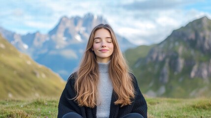 A serene image of a young woman with closed eyes, meditating in a lush green mountain meadow. Majestic peaks and a clear sky create a tranquil, uplifting atmosphere of mindfulness and nature.  
