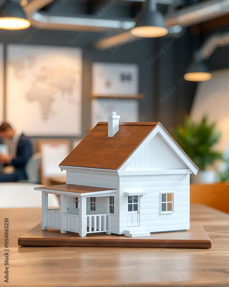 Poster house model on a wooden table in a cafe. 3d rendering