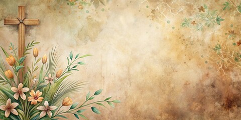 Serene Floral Cross on Antique Parchment Background, Perfect for Remembrance or Easter