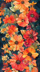 Impressionistic Batik Floral Pattern: Warm Hues, Orange and Red Flowers