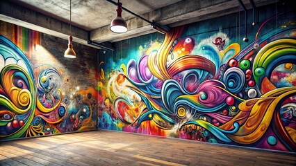 Obraz premium Vibrant Abstract Mural in a Spacious Room with Hardwood Floors and Industrial Lighting
