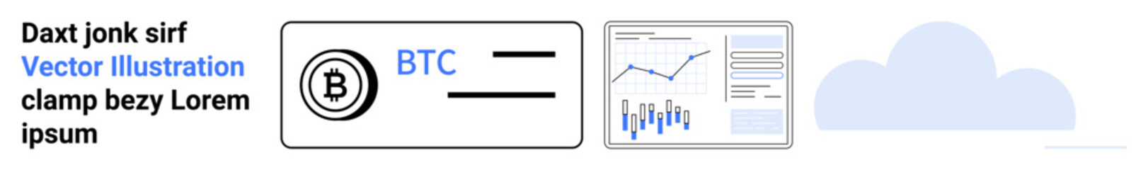 Text block, multiple charts with data, Bitcoin symbol, BTC acronym, cloud icon. Ideal for cryptocurrency, finance analytics, cloud storage, financial technology, data visualization, UIUX design