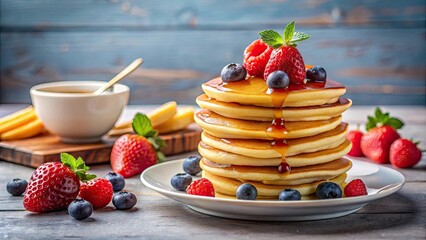 A delightful stack of fluffy pancakes, drizzled with syrup and adorned with fresh berries