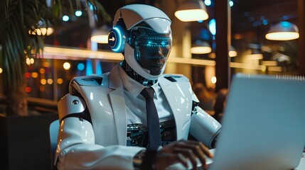 Businessman analyzing AI ethics icons on virtual screen for regulatory compliance