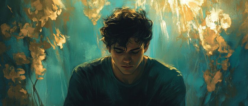 Young Man in Teal Garden: Eidetic Memory, Pastel Drawing