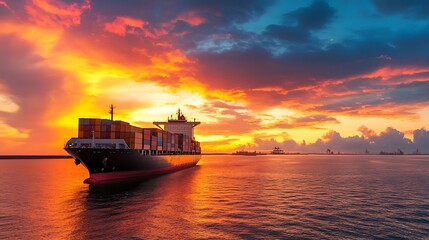 Obraz premium Cargo ship at sunset. Global trade and logistics concept.