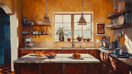 Sunlit Kitchen: Warm Tones, Modern Design, Oil Painting