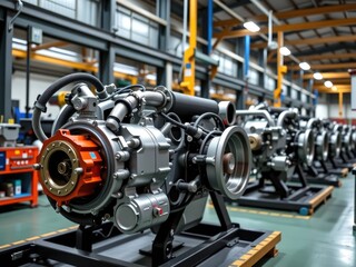 Fototapeta premium Industrial Engine Manufacturing Close up of Powerful Machinery in Factory