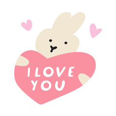 A cute little rabbit holds a heart. Phrase - I love you. Valentine's Day design. Illustration.