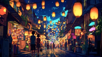 Obraz premium Vibrant Lanterns Illuminate Urban Market Streets