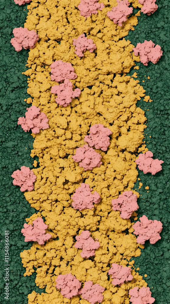 Poster microscopic view, yellow & pink clusters aggregate on surface: cellular structures interact dynamica