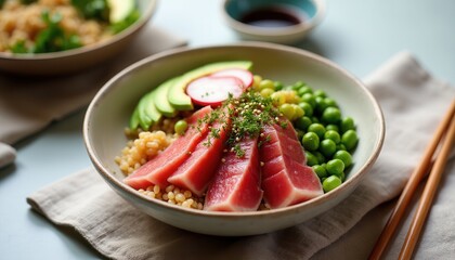 Delicious Tuna Poke Bowl Fresh Tuna Avocado Peas Quinoa