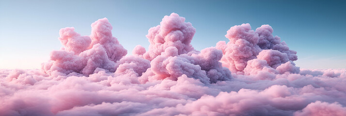 Fototapeta premium Pink Cloud Formations in a Pastel Sky, Dreamlike and Serene Above the Cloudscape. A Heavenly Scene of Fluffy Cotton Candy Clouds Glowing Softly at Dawn.