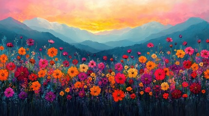 Obraz premium Vibrant floral landscape at sunset.