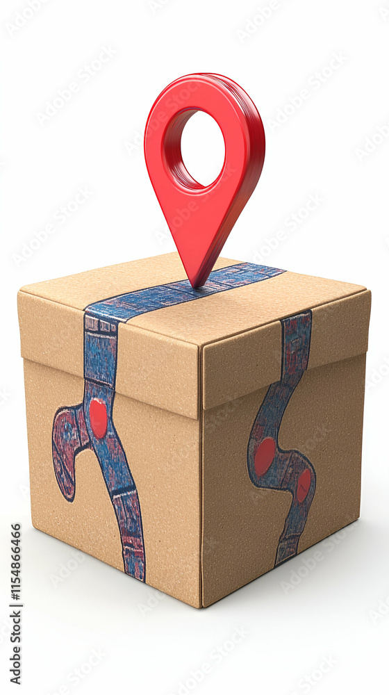 Poster tracking package location, delivery box with map design and red pin