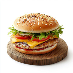 Photorealistic Spicy Chicken Cheeseburger on White Background