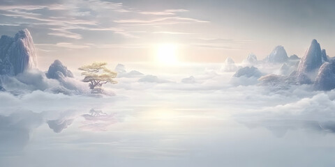 Serene Sunrise, Mountain Peaks Reflect in Misty Lake, a Solitary Tree Stands Tall, Peaceful Dawn.