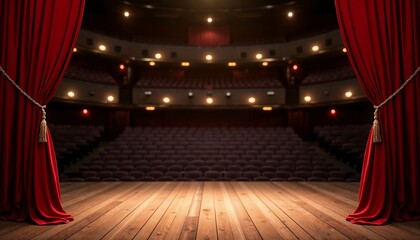 Grand theater stage framed by red velvet curtains with illuminated wooden floor and audience behind