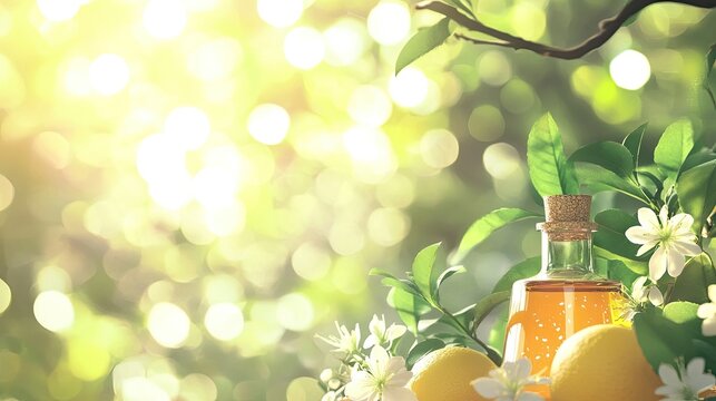 Aromatic Essence Bottle Surrounded by Fresh Lemon and Blossom