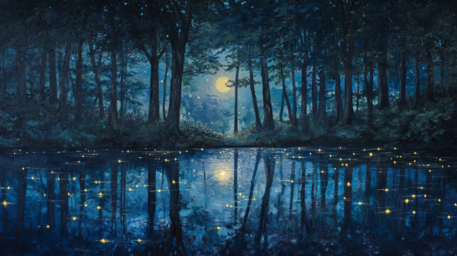 Moonlit Forest Reflection: Fireflies and Tranquil Waters Painting