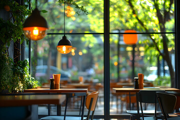 Restaurant Interior, Warm Lighting & Greenery, Tables Set for Diners, Outdoor View