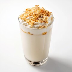 Creamy coconut milkshake in a glass. Featuring toasted coconut