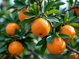 Ripe Oranges on Branch Citrus Fruit Tree Orchard Sunlight