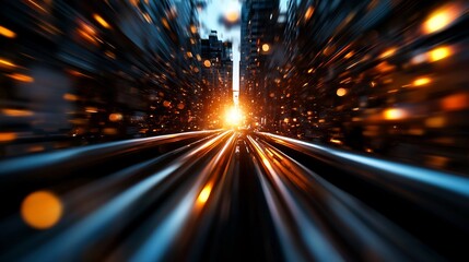 Obraz premium Futuristic Cityscape: High-Speed Night Drive Through a Glowing Metropolis