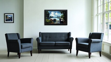 Framed landscape painting above sofa and armchairs in bright room.