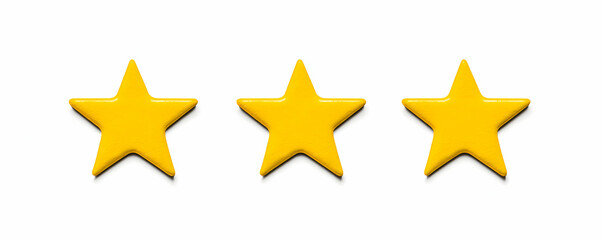 Three Shiny Yellow Stars on White Background,  A Simple, Bright, and Positive Image for Ratings, Reviews, or Awards.