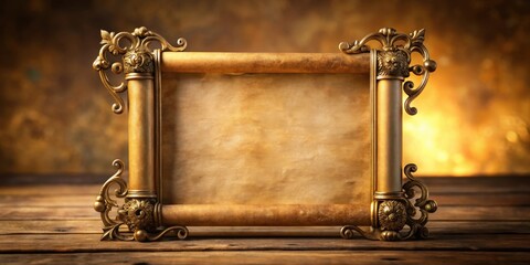 An ornate golden frame encases a blank parchment scroll, ideal for displaying important announcements or messages.