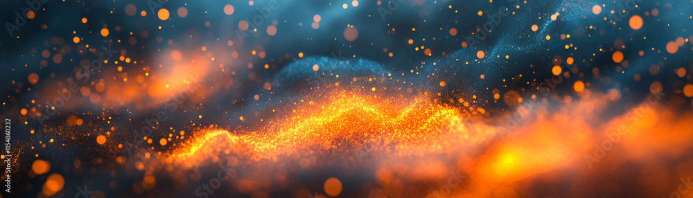 Poster fiery abstract background, glowing particles dance in smoky haze, creating a vivid and dynamic visua