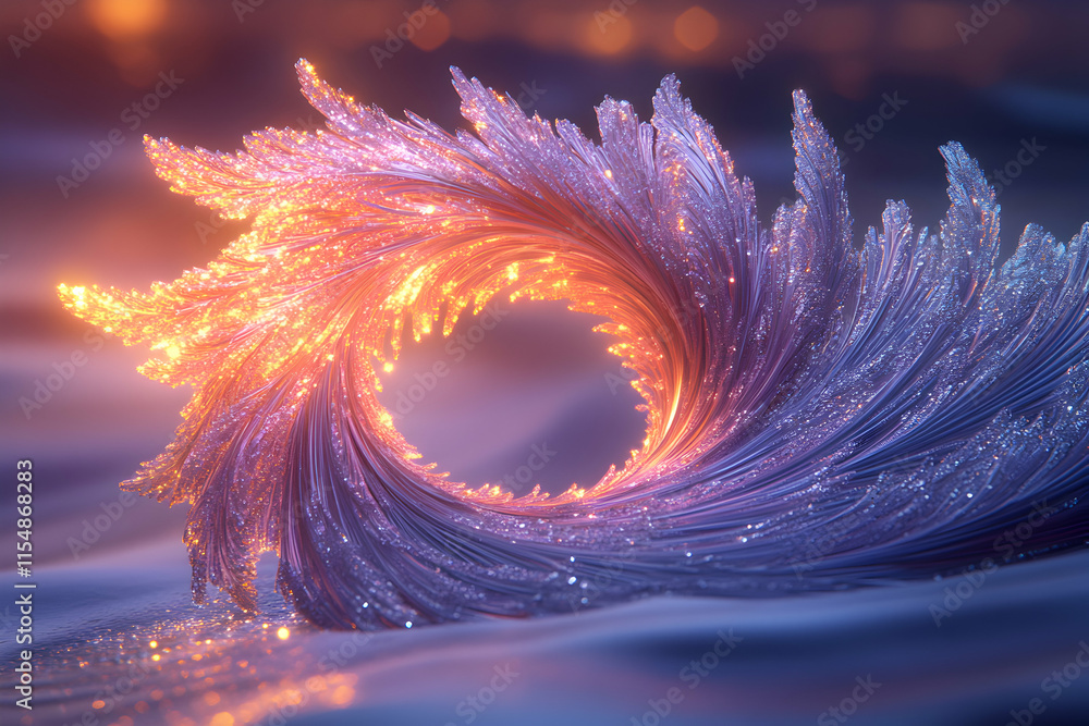 Poster glowing filaments form a circular halo, shimmering with inner light and outer sparkle, abstract digi