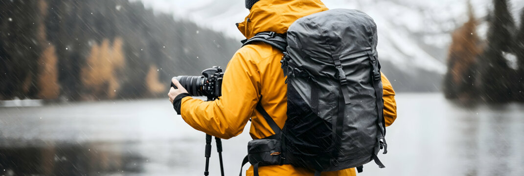Winter Photographer Captures Snowy Lake, Majestic Mountains in Background.  Adventure Photography in Cold Weather