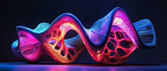 Neon Kinetic 4D Printed Structure: Abstract Art, Vibrant Colors, Futuristic Design