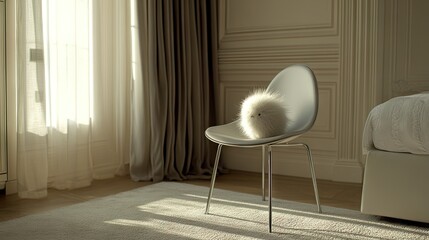 Soft Fuzzy Object on Modern Chair in Bright Minimalist Room