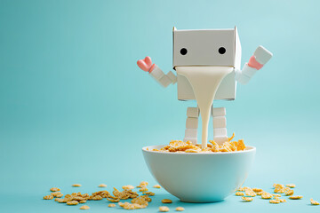 A milk carton with arms and legs, pouring itself into a cereal bowl