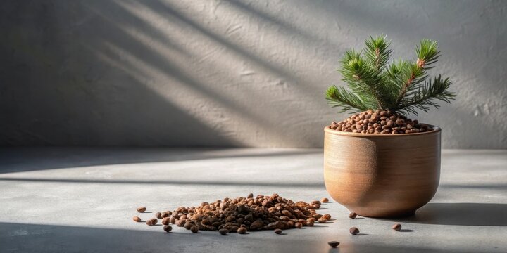 A small pine tree in a wooden pot filled with clay pebbles, with additional pebbles scattered on the surface