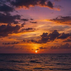 Create a breathtaking scene of a sunset in the sky, showcasing vibrant hues of orange, pink, and purple as the sun dips below the horizon.

