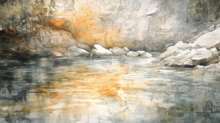 Fototapeta premium Watercolor Riverbed: Tranquil Flowing Water Reflection