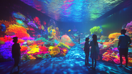 Immersive Underwater Museum Exhibit: Vibrant Coral Reefs, Digital Art