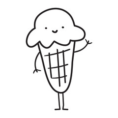 Cute ice cream. Vector hand drawn character. Outline design. Illustration on white background.