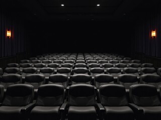 Obraz premium Empty Dark Movie Theater Seats Cinema Hall Rows of Chairs
