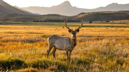 Fototapeta premium Majestic deer in golden meadow at sunset.