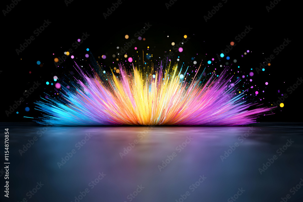 Poster vibrant color burst, a radiant explosion of hues expands dynamically on a dark surface, creating a m