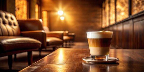 Warm Lighting Illuminates a Delicious Layered Coffee Drink in a Cozy Lounge Setting