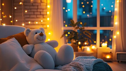 Cozy Living Room Scene with Soft Teddy Bear and Warm Lights