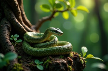 Naklejka premium A majestic wood snake coiled gracefully around an ancient bonsai tree