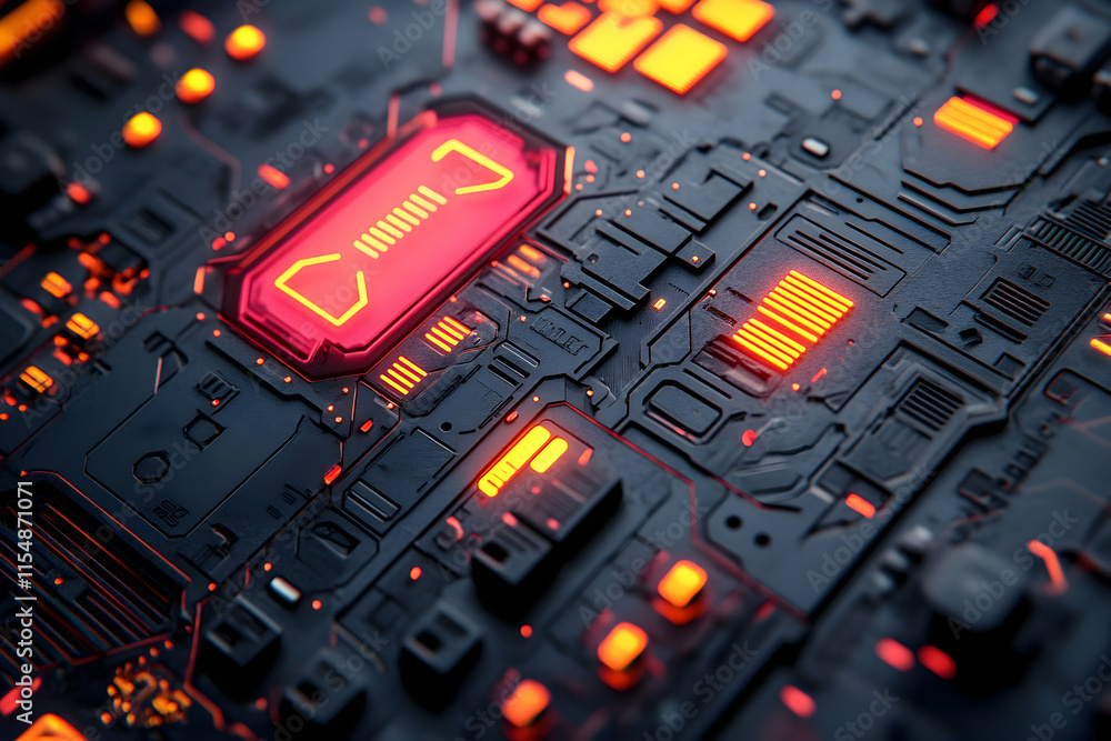 Poster futuristic circuit board, glowing red & orange components illuminate advanced technology, showcasing